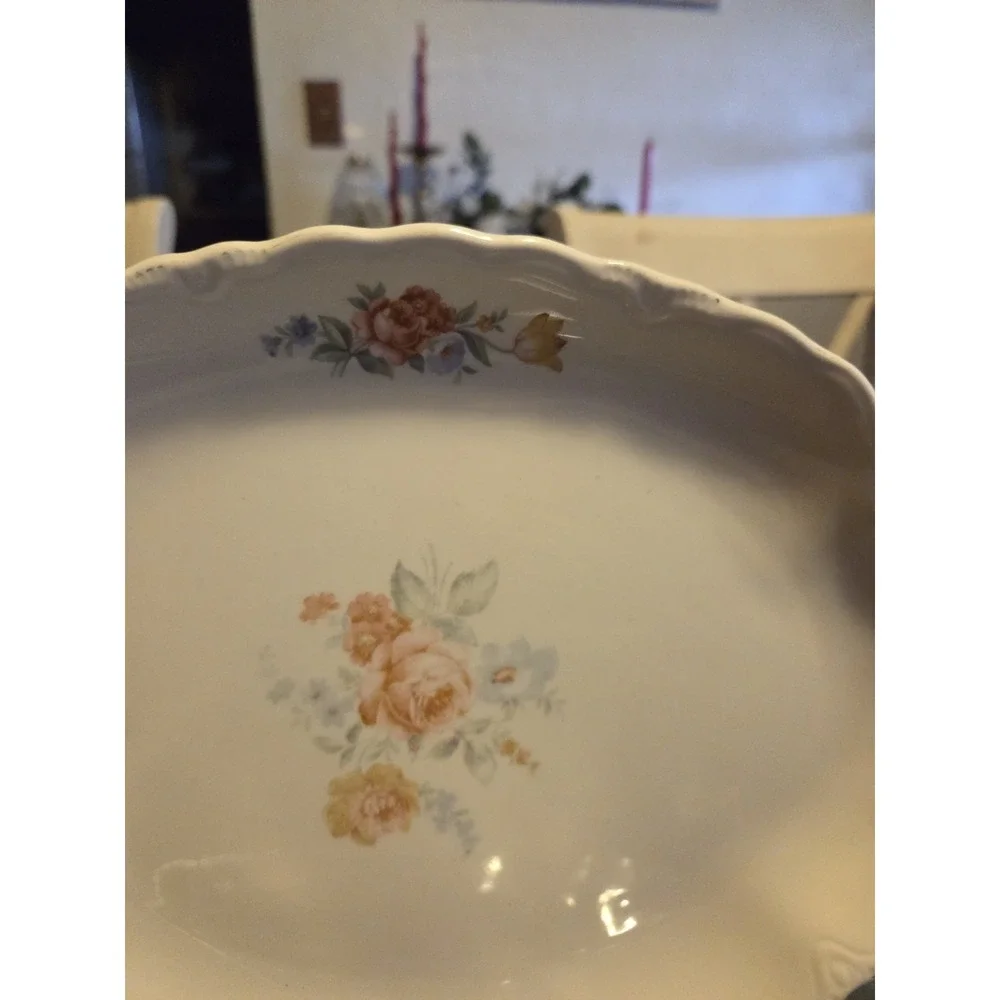 Vintage USA 12 X 9 Oval Serving Platter Pink Yellow Blue Flowers Gold Rim